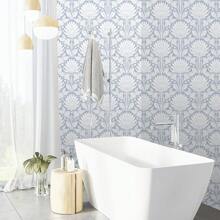 1 卷优雅蓝色花卉自粘壁纸，波西米亚叶子图案，即撕即贴，防水壁纸，可移除接触纸，易于安装，适用于家居装饰、卧室、客厅、厨房壁纸、家具橱柜表面翻新贴纸、返校季和秋季节日礼物，17.32 * 118.11 / 196.85 英寸