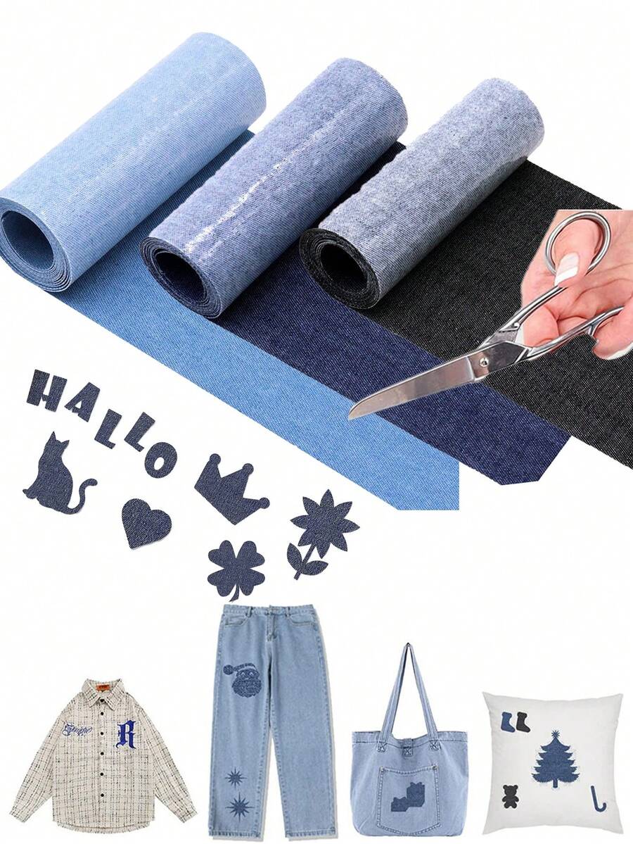 1/2/3pcs 3 Color Options Available: Jean Iron-On Patches, 3 X 20 Inch Repair Patches, Easily Cuttable Into Any Desired Shape, Clothing, Self-Adhesive Iron-On Patches, DIY Hole Patch (Dark Blue, Light Blue, Black)