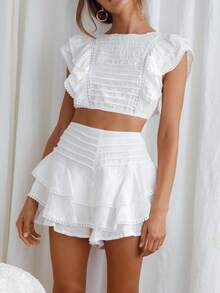 Women Y2k 2 Piece Ruffle Outfit Cap Sleeve Crop Tank Top And Mini Layering Skorts Set - 白色 - 查看 1