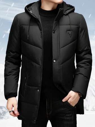 Casaco longo masculino de inverno com capuz, manga comprida, estilo minimalista e grosso.
