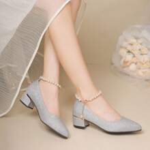2025 New Women's Faux Pearl Decor Ankle Strap Glitter High Heels, Gold Pointed Toe Chunky Heel Pumps, Suitable For Outdoor Wedding, Party, Work, Palace Style