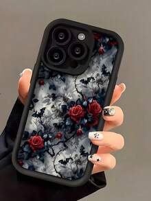 花朵 1 件黑蝙蝠和红玫瑰图案全覆盖 TPU 防震手机壳,兼容 Apple 16、15、14、13、12、11 Pro Max 系列防水防摔防刮 - 彩色 - 查看 3