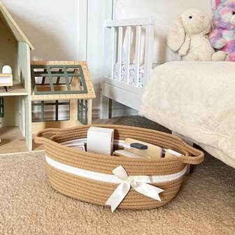 1pc Hand-Woven Storage Basket, Decorated With A Bow, Suitable For Christmas Storage, Including Desktop Organization, Children's Bedroom Organization, Toy Storage, Towel Storage, And Bathroom Storage. It Can Hold Aromatherapy Items, Tissues, Towels, Flower Pots, Gifts, Etc. Also Suitable As A Christmas Gift Basket.
