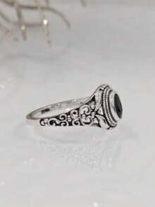 1pc Hollow Floral Pattern Ring With Oval Black Natural Stone Inlay, Fashionable Copper Material Ring Suitable For Women's Daily Wear And Parties, Anniversary Gift - 復古銀色 - 查看 5