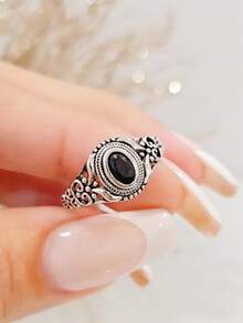 1pc Hollow Floral Pattern Ring With Oval Black Natural Stone Inlay, Fashionable Copper Material Ring Suitable For Women's Daily Wear And Parties, Anniversary Gift - 復古銀色 - 查看 13