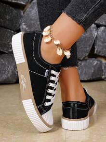 1 双女士时尚撞色复古牛津鞋，2025 年初春/夏/秋季新款系带平底舒适休闲百搭鞋，适合户外活动和搭配任何服装，女士运动鞋 - 黑色 - 查看 4