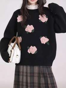 Women's Round Neck Crocheted Flower Jacquard Pattern, Plant Rib Machine Embroidery, Embroidery, Knitted Sweater