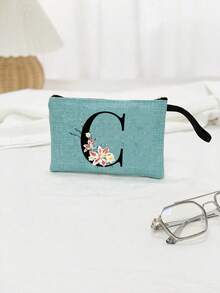 Sunflower & Daisy, Letter A-Z Print Blue Linen Tote Bag, Perfect Holiday Gift, Multifunctional Portable Handbag/Shoulder Bag, Fashion Minimalist Linen Bag, Large Capacity Storage Bag, Gift For Women, Teacher's Day Gift, Cosmetic Bag - Blue - View 8