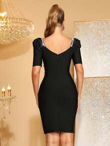 Elegant Patchwork Zipper Rhinestone Trim Party Dress, Suitable For Weddings - Black - View 4