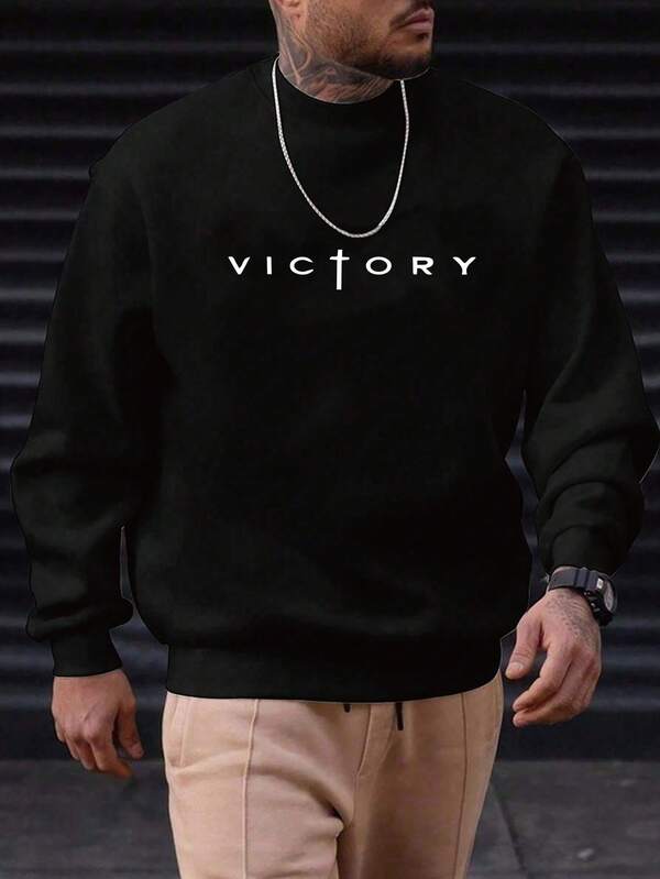 Plus Size Men's Casual Round Neck Sweatshirt, Text Print, Urban Street Style, Suitable For Casual, Sports, Weekends, Spring, Summer, Autumn, Winter