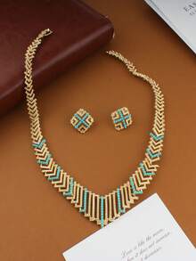 3 件女士简约镂空竹形绿松石项链、耳环首饰套装、金项链和耳环首饰礼物，适合派对、婚礼