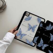 美丽的浅蓝色蝴蝶和字母双面彩涂亚克力透明水晶背板防震，兼容第 7 代和第 8 代（10.2 英寸）iPad，带第 10 代保护壳，内置笔槽，支持睡眠和唤醒，节日礼物，新年礼物