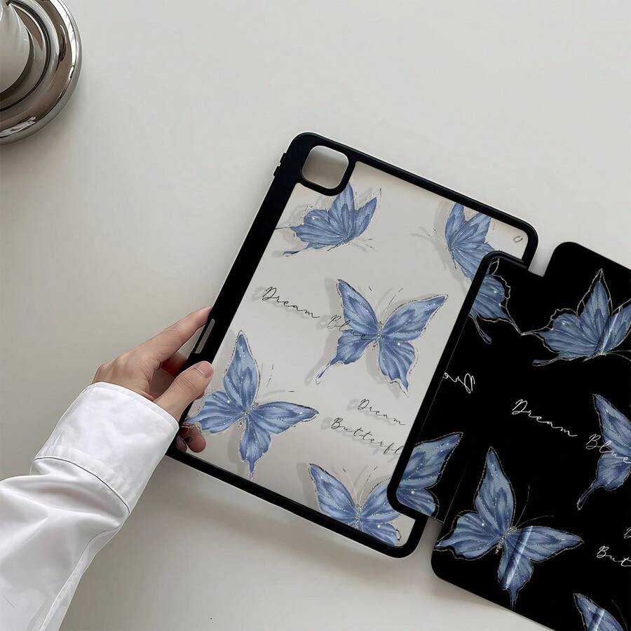 美丽的浅蓝色蝴蝶和字母双面彩涂亚克力透明水晶背板防震，兼容第 7 代和第 8 代（10.2 英寸）iPad，带第 10 代保护壳，内置笔槽，支持睡眠和唤醒，节日礼物，新年礼物