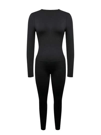 LovelyWholesale 女士圆领长袖露背上衣和修身长裤两件套春秋装