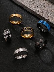 6pcs/Set Black Stainless Steel Rings, Fashion Roman Letter Rotating Rings, Dark Color Jewelry Accessories Suitable For Daily Decoration, Essential For New Year, Valentine's Day Gift For Boyfriend/Husband, Back To School Gift
