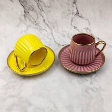 1 Set Ceramic Coffee Cup & Saucer, 130ml Capacity, Electroplated Black/White/Gold Spiral Pattern, Suitable For Coffee, Tea, Afternoon Tea, Home Use, Party, Gift