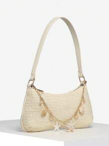 1pc Women's Vintage Resort Ocean Creature Faux Pearl Woven Crossbody Bag, Suitable For Dates, Outings, Vacations