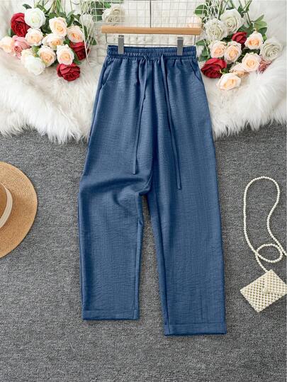 1 条纯色梭织面料抽绳口袋女式七分裤，适合约会、节日、日常、生日派对、单身派对，轻盈，牛仔效果颜色