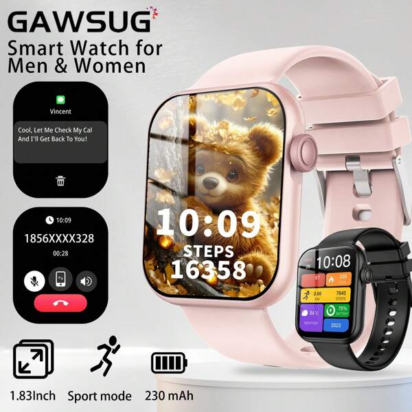 Gawsug Montre connectée pour hommes, montre connectée pour femmes, écran de 1,83 pouces, haute qualité, élégante et simple, appel sans fil, rappel de SMS, contrôle de la musique, mode multisport, compteur de pas, surveillance du sommeil, convient aux hommes et aux femmes, montre de style sport, à offrir à la famille et aux amis, compatible Android et iOS, montre cadeau de vacances, design de montre moderne, durable, bracelets noirs et blancs