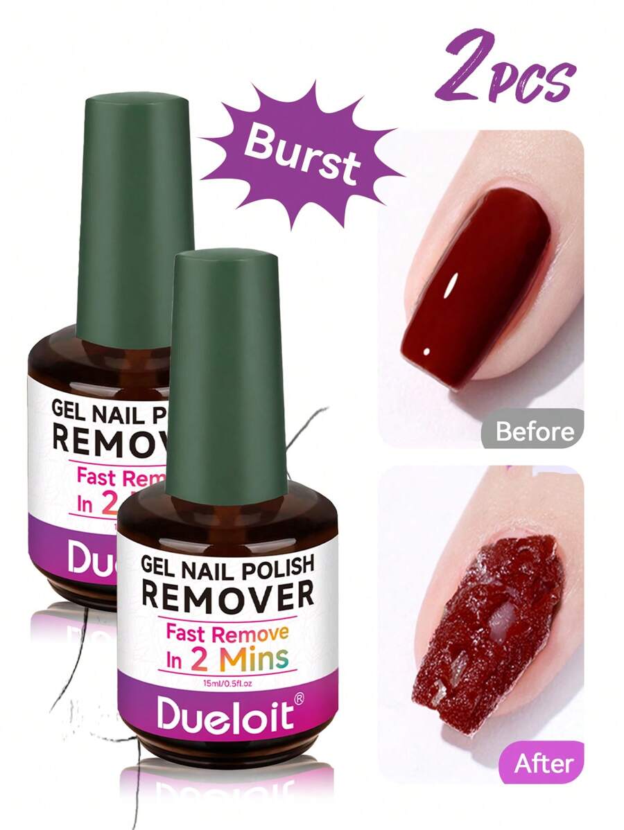 2 piezas Removedor de esmalte de gel de 15ml, removedores de polvo de 1 pieza, quita esmaltes de 2-5 Minutes 15 ml, 0,5 fl.Oz y sin remojo ni envoltura, elimina el esmalte profesional sin irritación, eliminador de pulidos gel, 1 paquete - Kit profesional de removidor para esmalte gel rápido y efectivo para remover esmalte