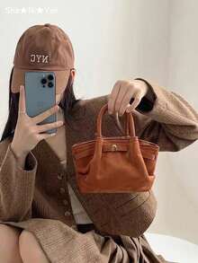 Vintage Suede Leather Bucket Bag, Women European And American Small Design Shoulder/Crossbody Bag, Street Style Tote For Autumn/Winter Shopping, Commuting, Party Events, Gift, New Autumn And Winter Women Bag, Best Fall Purse, Newest Fashionable Suede Bag For Women - Brown - View 4