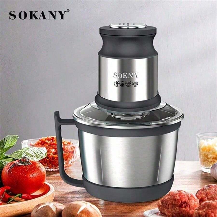 SOKANY 7027 多功能电动绞肉机，3L 大容量，双层四刀片，2 档速度设置，800W 大功率，不锈钢材质，适用于家庭和餐厅，可用作食品搅拌机、绞肉机、压蒜器、蔬菜切丝器、洋葱切片器，也可用于加工生姜、辣椒、水果和肉类。
