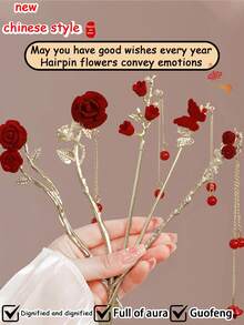 1个中国风发夹，女士高端发髻造型发饰，天鹅绒玫瑰装饰优雅发髻夹，适合日常佩戴、拍照、派对、情人节、返校穿搭，传统中国风发饰，端庄优雅，发髻延长器，发髻假发，发髻造型器，发夹，发卡，发饰，学习用品，发卡，头部饰品