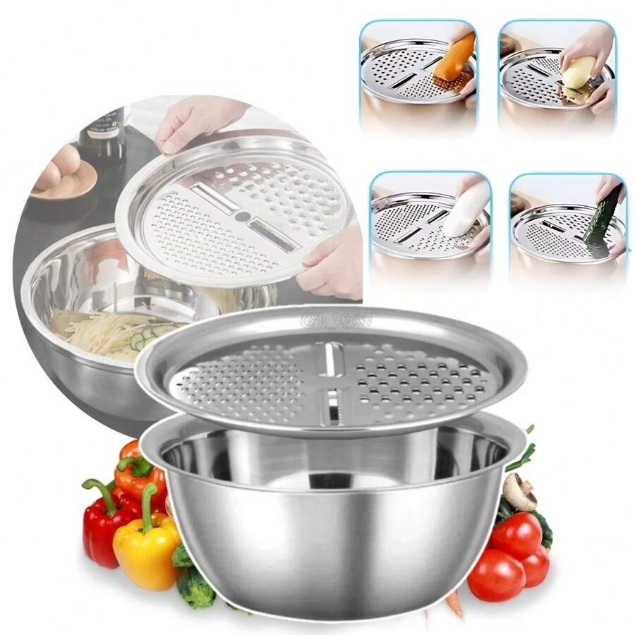 Ralador 4 em 1 Fatiador Bacia Legumes Queijo Tigela 26cm Cozinha saladeira aço inoxidavel inox - prata - Visão 1