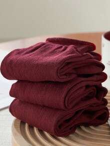 1 paire de chaussettes mi-mollet en coton rouge vin pour femmes, chaussettes mi-mollet décontractées style japonais rétro à revers mode, convenant pour le printemps, l'été et l'automne - Rouge foncé - Voir 5