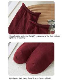 1 paire de chaussettes mi-mollet en coton rouge vin pour femmes, chaussettes mi-mollet décontractées style japonais rétro à revers mode, convenant pour le printemps, l'été et l'automne - Rouge foncé - Voir 3