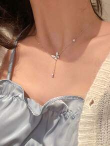 1 件时尚女士铜锆石双层蝴蝶项链 - 銀色 - 查看 1