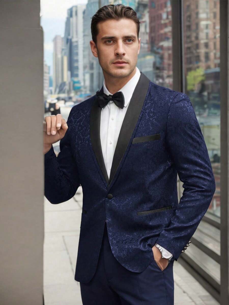 男士商务通勤提花西装外套 - 藏蓝色 - 查看 1