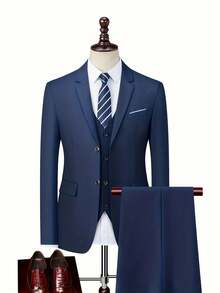 2 Piece Classic Men's Double Breasted Suit - 2 Piece Suit - Wedding, Interview, Party Formal Wear - Slim Fit Groomsmen Tuxedo Jacket + Pants Set - 海軍 - 查看 3