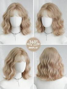 NAMM 12 英寸米金色短波浪假发，时尚合成刘海假发，优质柔软耐热卷发，适合日常佩戴、节日和音乐节 - 樱花庆典华丽派对街头时尚摄影 - 女孩礼物假发配件
