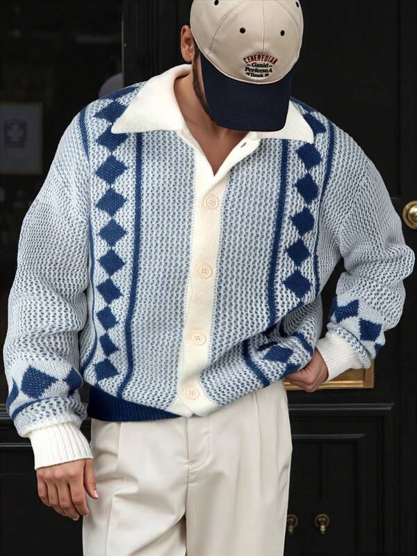 Herren Retro Lässig Loose Rautenmuster Karomuster Farbblock Polokragen Knopfverschluss Strickjacke, geeignet für Herbst und Winter