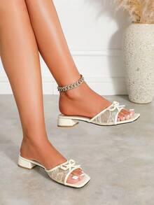 Sandálias femininas de dedo em tecido de rede com laço decorativo, salto baixo, confortáveis, versáteis, antiderrapantes, estilo romano, perfeitas para looks de primavera e verão. - Damasco - Ver 6