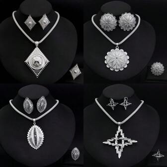 非洲女性优雅珠宝套装，银色吊坠项链、耳环、戒指，传统沙特阿拉伯新娘结婚礼物
