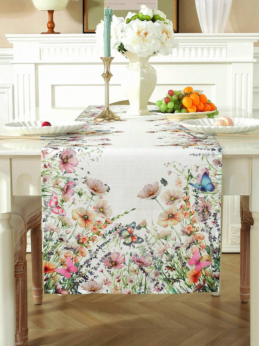 1pc 100% Polyester Table Runner, Elegant Colorful Digital Printed Butterfly & Flower Pattern, Suitable For Spring/Summer, Can Be Used As Kitchen/Dining Table Decor, Microwave Oven Cover, Home Decoration Dresser Scarf, Placemat, Picnic Mat For Indoor/Outdoor, Party/Wedding, Various Sizes Available - Multicolor - View 1