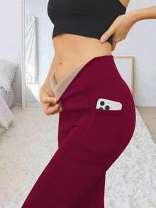 女士保暖加厚带口袋打底裤，冬季保暖高腰瑜伽裤，加厚天鹅绒弹力保暖打底裤，高腰紧身裤