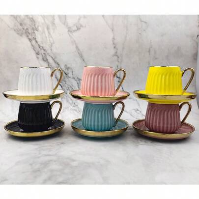 1 Set Ceramic Coffee Cup & Saucer, 130ml Capacity, Electroplated Black/White/Gold Spiral Pattern, Suitable For Coffee, Tea, Afternoon Tea, Home Use, Party, Gift