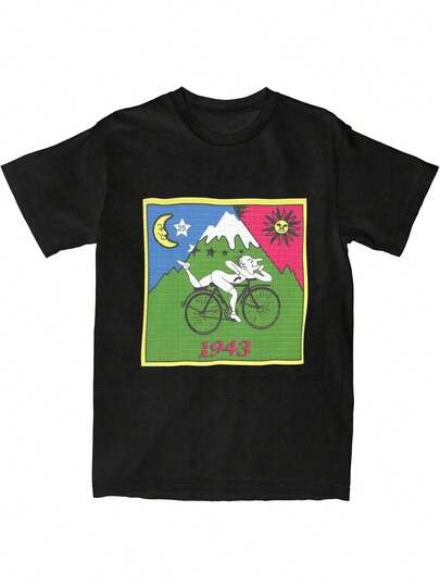 Camiseta Gráfica de Albert Hoffman Day 1943 para Hombres - Estampado Retro de Bicicleta y Montaña en , Manga Corta Ajustada Casual con Colores Vibrantes, Lavable a Máquina para Todas las Estaciones