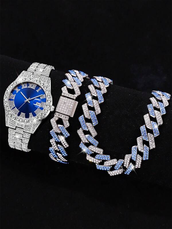 3Pcs Men's Silver Strap Fashionable Casual Gorgeous Rhinestone With Calendar Function Dial Quartz Watch Bracelet Necklace Jewelry Set Suitable For Daily Wear At Parties Or Holiday Gifts