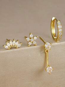 4 Pairs Exquisite Cubic Zirconia Flower Stud Earrings Set Fashion Stack Earring Ear Piercing Jewelry For Women Party, Daily Wear - LM-flower Earrings Set - View 3