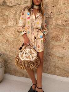 时尚烫金印花衬衫领长袖套装 - 彩色 - 查看 3