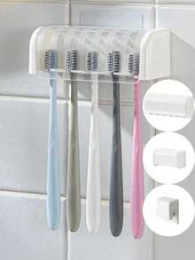 1pc Wall-Mounted No-Drill Toothbrush Holder With Lid, Suitable For Electric Toothbrushes, Toothpaste Storage Rack, Self-Adhesive 2/5/6 Slot Toothbrush Organizer For Home Bathroom, Bathroom Storage Accessories (White), Home Bathroom Decor, Back To School Supplies - Multicolor - View 3