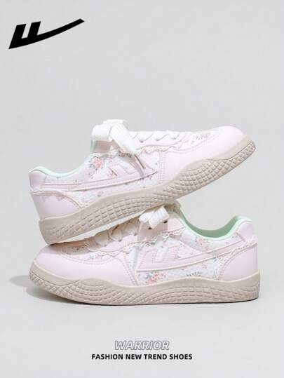  1 Pair WARRIOR Women's Thick Sole Lace-Up Soft Bottom Casual Shoes, Low-Top Outdoor Flat Shoes, Round Toe Low Heel Non-Slip Solid Color Elegant Soft Bottom Hiking Shoes, Suitable For Students, Graduation Photos, Flat Shoes, Low-Top Leather Face Sports Skateboard Shoes