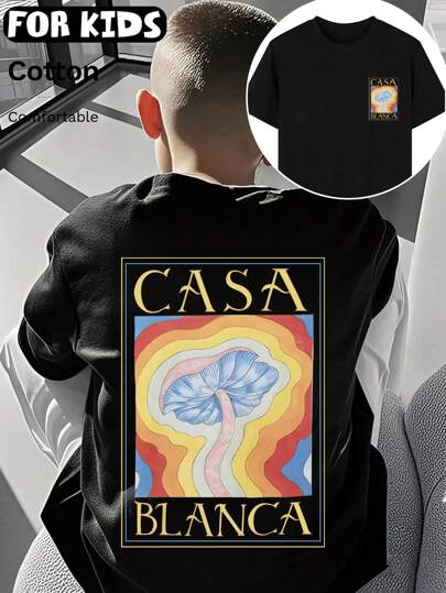 Estampa gráfica dupla face com padrão de cogumelo fantasia e fundo colorido, camiseta de algodão estilo primavera/verão para meninos e meninas, estilo universitário, com drapeado esportivo, macia e respirável, roupa infantil, blusa de manga curta