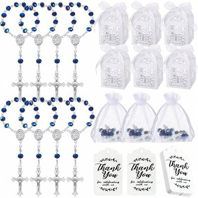 24/48/96 件洗礼礼品套装包含 6/12/24 件迷你念珠项链、6/12/24 件欧根纱束口袋、6/12/24 件感谢标签、6/12/24 件带蕾丝和丝带的白色盒子 - 非常适合婚礼和洗礼庆典、洗礼礼物 | 优雅的欧根纱袋 | 丝带盒、洗礼派对用品