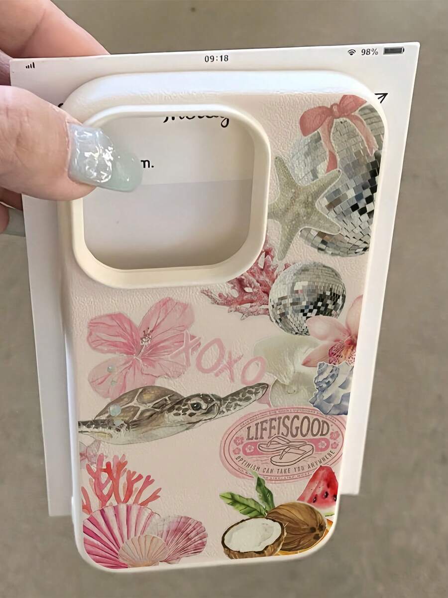 1件白色極簡個性化花朵貝殼海洋海龜椰子圖案手機殼,適用於 16 Pro Max/15/14 Plus/13/12/11保護殼 - 彩色 - 查看 1