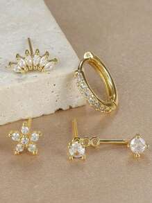 4 Pairs Exquisite Cubic Zirconia Flower Stud Earrings Set Fashion Stack Earring Ear Piercing Jewelry For Women Party, Daily Wear - LM-flower Earrings Set - View 6